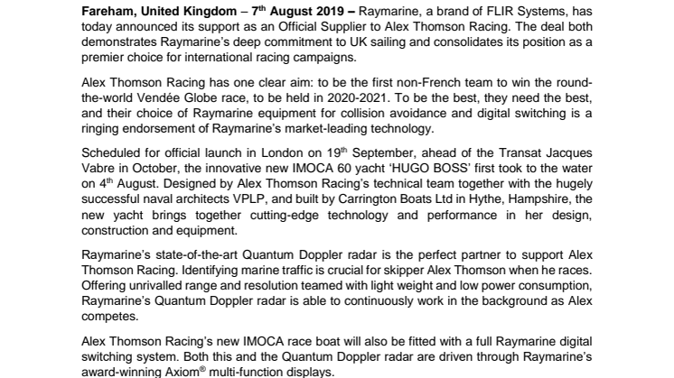 Raymarine Announced as Official Supplier to Alex Thomson Racing