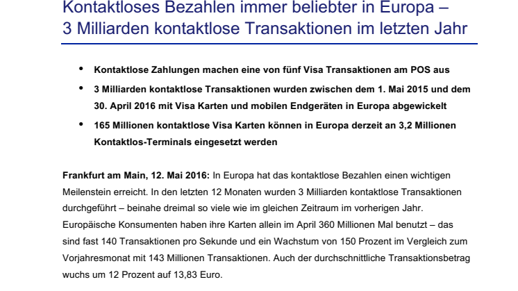 Kontaktloses Bezahlen immer beliebter in Europa - Drei Milliarden kontaktlose Transaktionen im letzten Jahr
