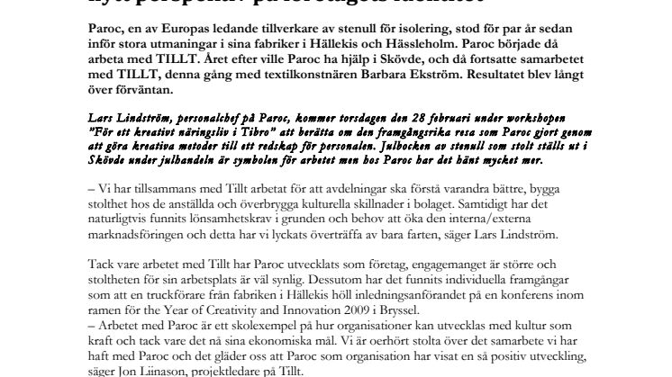 Pressinbjudan till workshop 28 feb kl. 18.00 i Tibro: Tillt och kulturen var lösningen för Paroc – ökad delaktighet för medarbetarna samt nytt perspektiv på företagets identitet