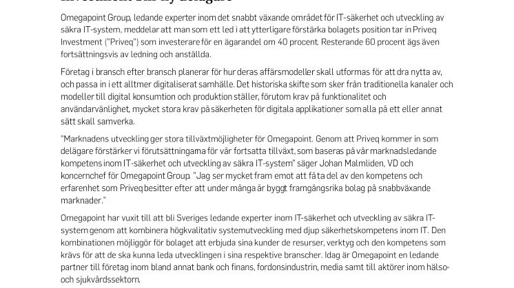 Omegapoint Group AB växlar upp tillväxttakten - Priveq Investment blir ny delägare