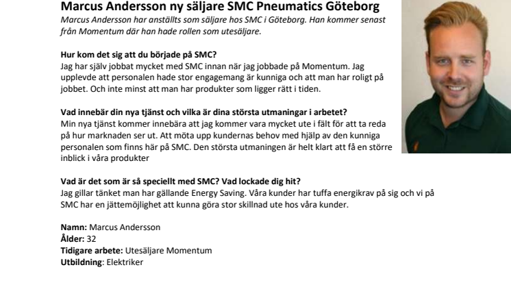 Marcus Andersson ny säljare SMC Pneumatics Göteborg