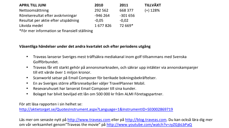Traveas: Delårsrapport april till juni 2011