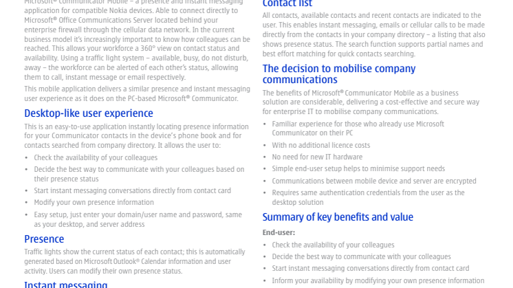 Microsoft Communicator Mobile for Nokia faktaark