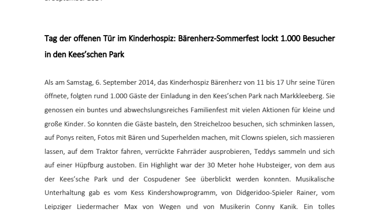 Tag der offenen Tür im Kinderhospiz: Bärenherz-Sommerfest lockt 1.000 Besucher in den Kees’schen Park