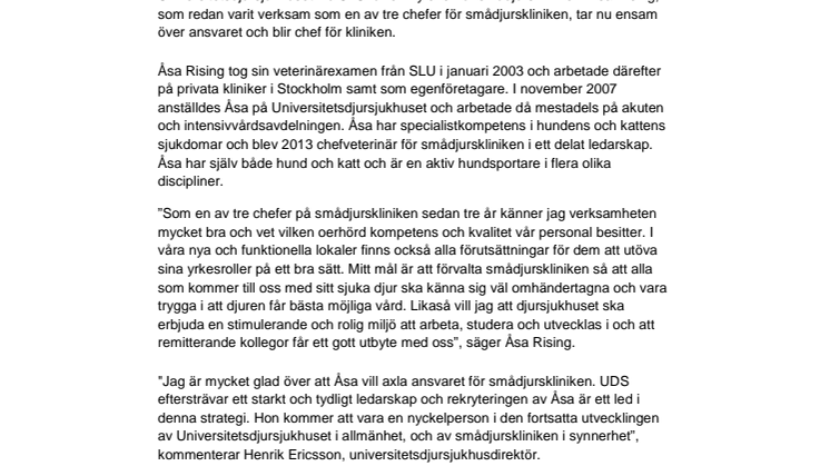 Åsa Rising ny chef på Universitetsdjursjukhusets smådjursklinik 