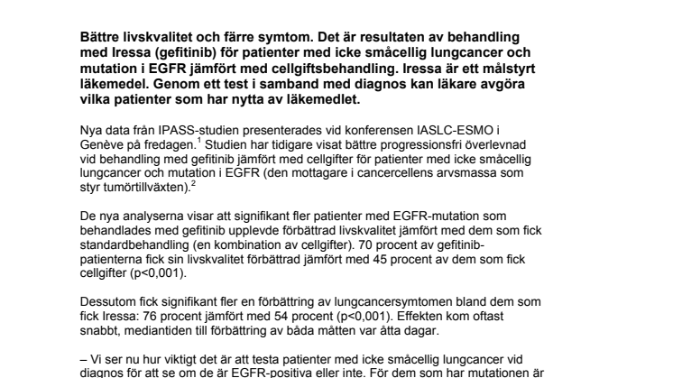 Iressa ger bättre livskvalitet vid muterad lungcancer