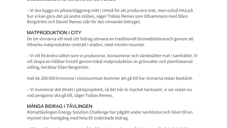 Harvest Umeå vinner 200 000 kr för klimatsmart matproduktionsidé