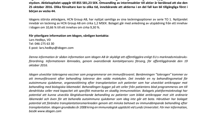 Nyttjande av teckningsoptioner registrerat hos Bolagsverket