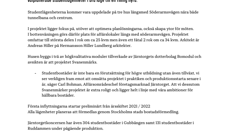 Godkänd detaljplan för Järntorgets ca 380 studentbostäder  i Kärrtorp, Stockholm