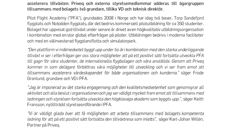 Pilot Flight Academy tar in Priveq som tillväxtpartner