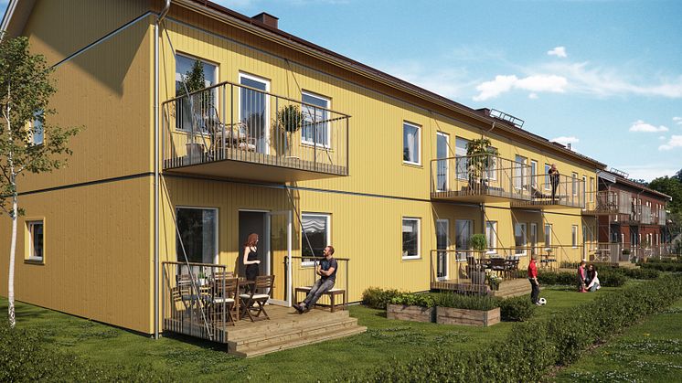 Illustration av gårdssida med balkonger och altaner samt gräsytor, BoKlok Sörgården i Åkersberga. 