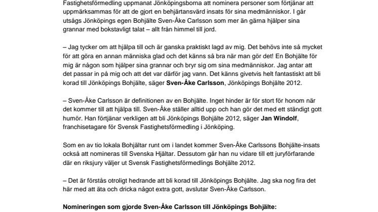 Sven-Åke Carlsson är Jönköpings Bohjälte 2012  