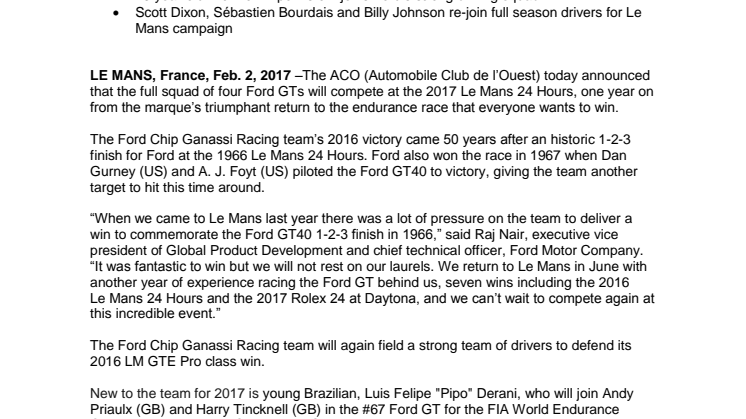 Ford deltager endnu en gang i det 24-timers løb Le Mans 