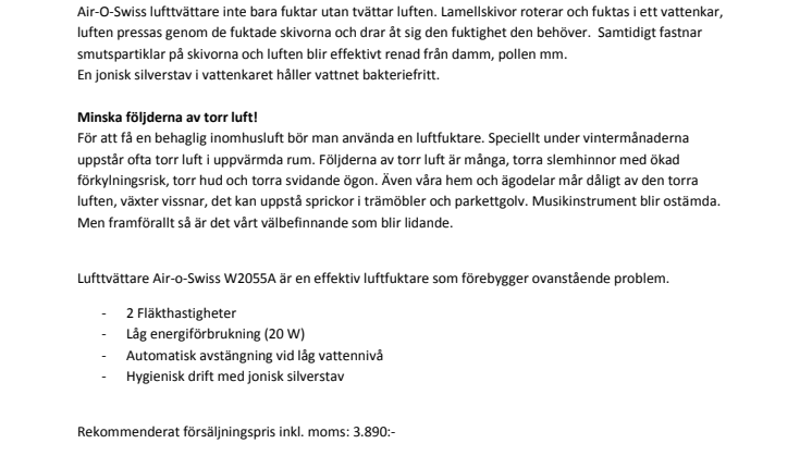 Lufttvättare AIR-O-SWISS W2055A. Kombinerad luftrenare och luftfuktare.