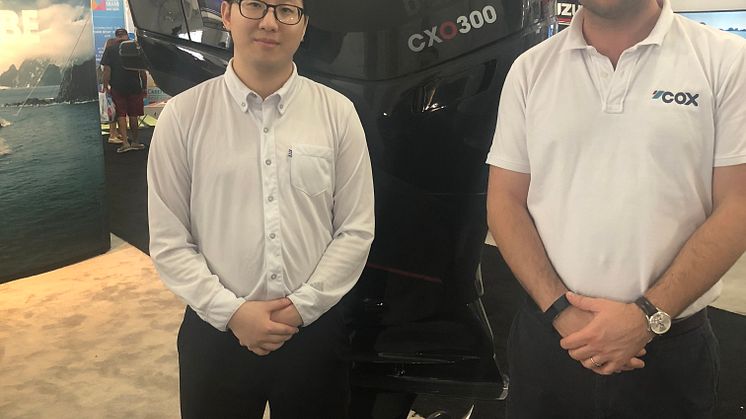 Sungho Hong, Vice President of SoungJin Marine Co. Ltd with Cox Powertrain’s Global Sales Director, Joel Reid at Miami International Boat Show 2018