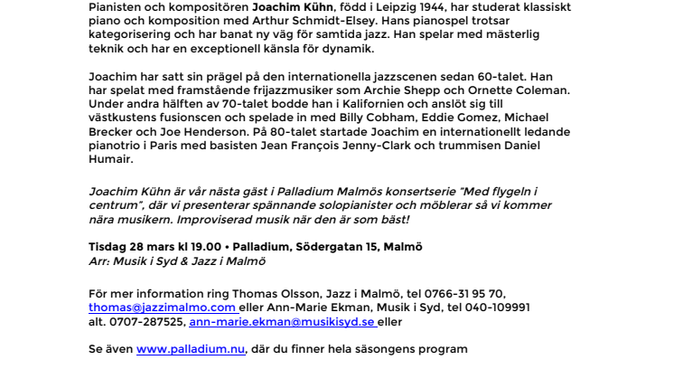 Med flygeln i centrum – Joachim Kühn på Palladium Malmö 28 mars