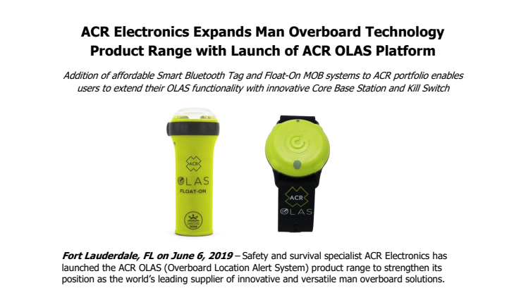 ACR Electronics Expands Man Overboard Technology Product Range with Launch of ACR OLAS Platform