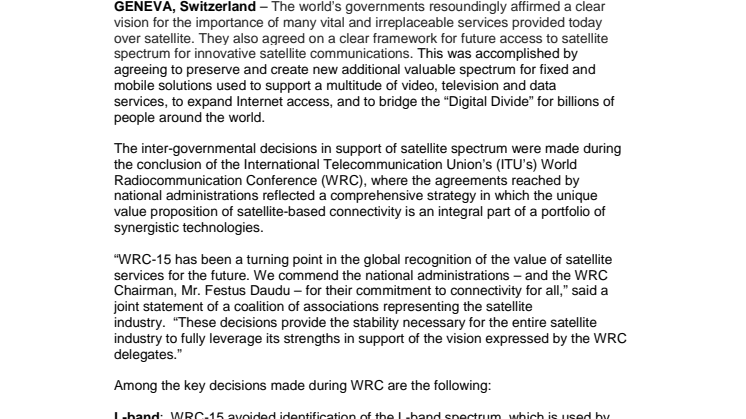 World Radiocommunication Conference 2015 decides satellite spectrum is central to future vision for global connectivity