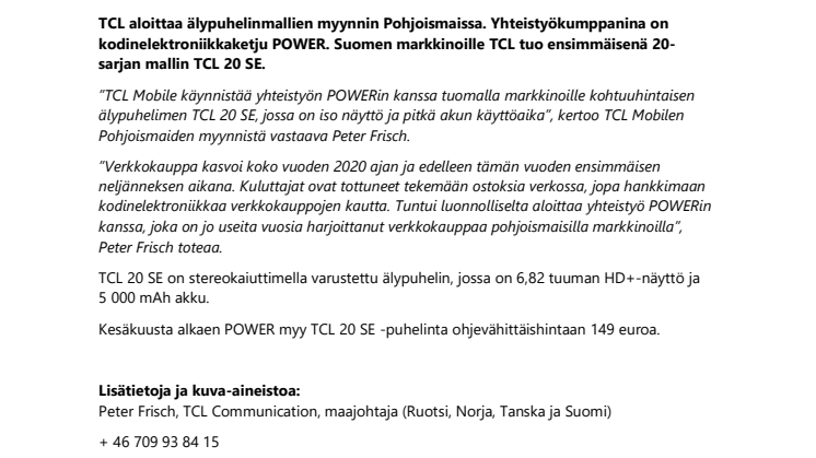 TCL aloittaa yhteistyön POWER-ketjun kanssa ja tuo markkinoille älypuhelimensa TCL 20 SE   