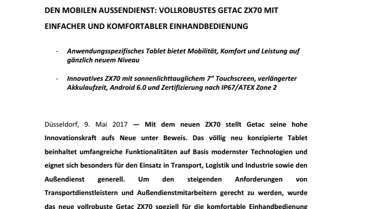 ​GETAC STELLT NEUES VOLLROBUSTES TABLET ZX70 VOR