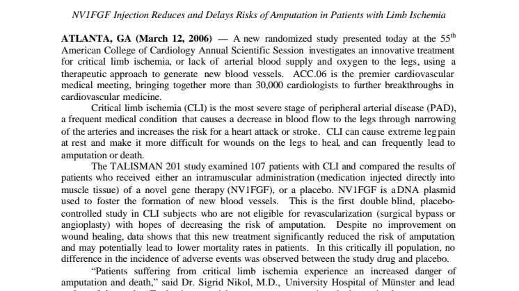 STUDY ANALYZES GENE THERAPY FOR PATIENTS AT HIGH RISK FOR AMPUTATION