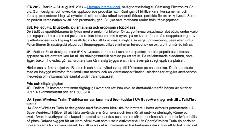JBL utökar utbudet av sporthörlurar med JBL Reflect Fit och UA Sport Wireless Train 