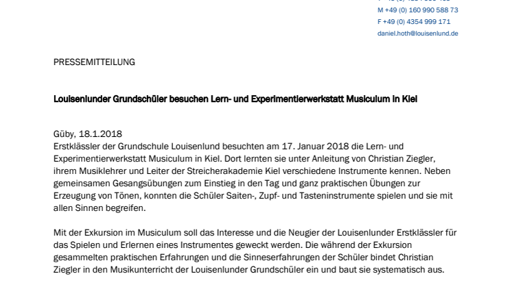 Pressemitteilung: Louisenlunder Grundschüler besuchen Lern- und Experimentierwerkstatt Musiculum in Kiel