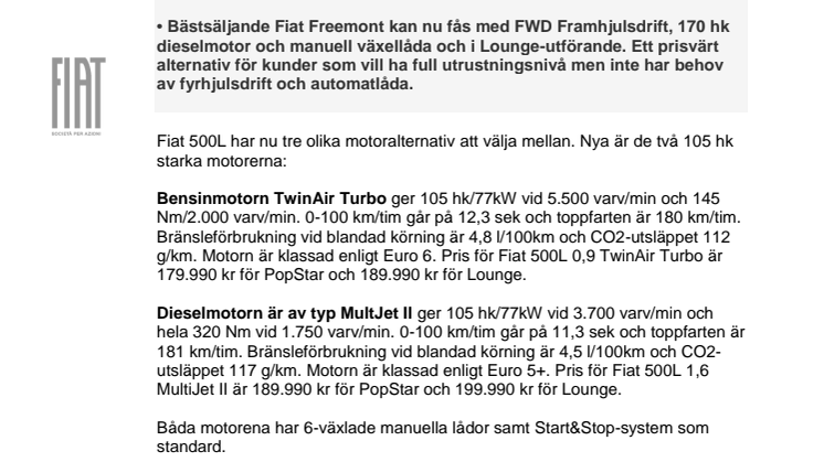 Nya motorer till Fiat 500L - Ny Freemont-version