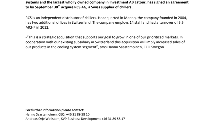 Swegon acquires RCS AG in Switzerland