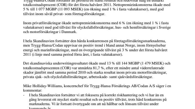 Trygg-Hansa/Codan levererar starkt halvårsresultat