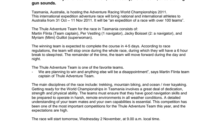 Thule Adventure Team is getting ready for the Adventure Racing World Championships 2011 in Tasmania