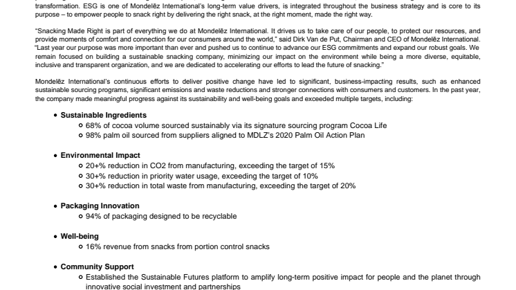 Mondelēz International Progresses ‘Snacking Made Right’ Agenda Towards 2025 ESG Targets