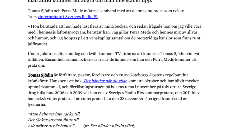 Tomas Sjödin hos Petra Mede i SVT1 på julafton