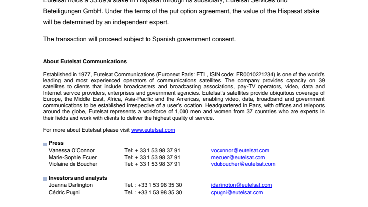 Eutelsat initiates Hispasat sale process