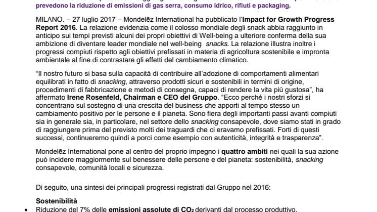 Mondelēz International compie importanti progressi nel raggiungimento degli Impact Goals 2020