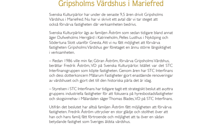 Svenska Kulturpärlor förvärvar fastigheten Gripsholms Värdshus i Mariefred