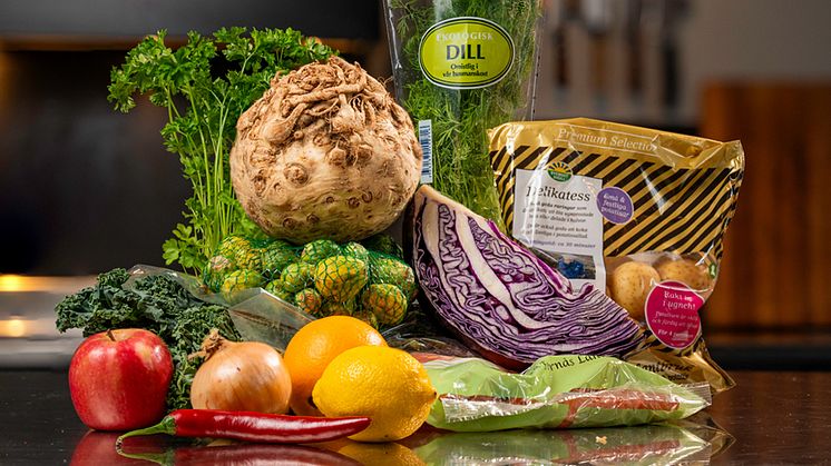 Mathems gröna julkasse innehåller fem kilo frukt och grönt till paketpris