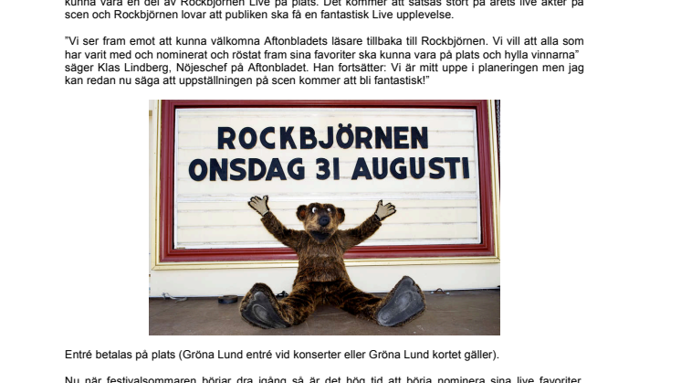 Den 31 aug tar Rockbjörnen Live över Gröna Lund