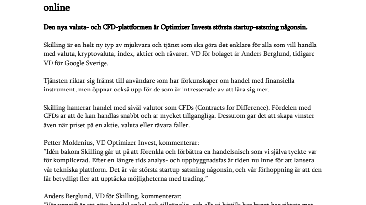 Optimizer Invest lanserar Skilling – ska revolutionera trading online