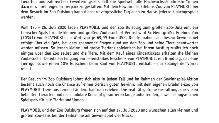 Tierischer Spaß in den Sommerferien: PLAYMOBIL und der Zoo Duisburg laden zum großen Zoo-Quiz ein