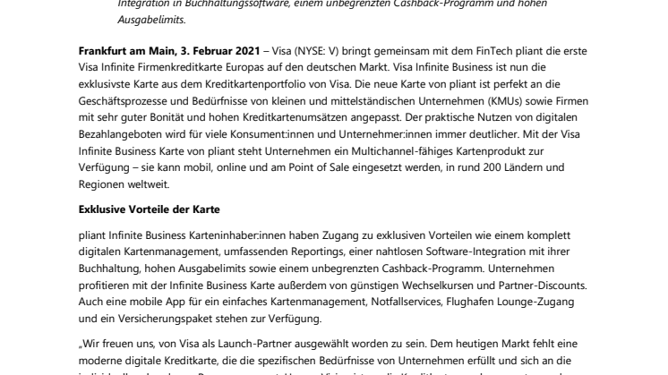 pliant und Visa bringen die erste „Infinite Business“ Karte Europas auf den deutschen Markt