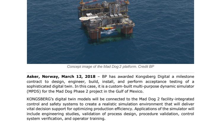 Kongsberg Digital: BP chooses KONGSBERG to build dynamic simulator for Mad Dog Phase 2