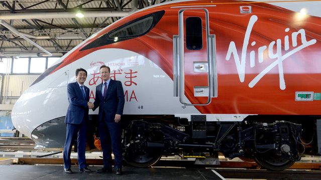Japanese Prime Minister Shinzo Abe and UK Prime Minister David Cameron visit Hitachi Train Maintenance Centre