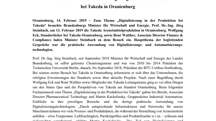 Wirtschaftsminister Prof. Dr.-Ing. Jörg Steinbach zu Gast bei Takeda in Oranienburg