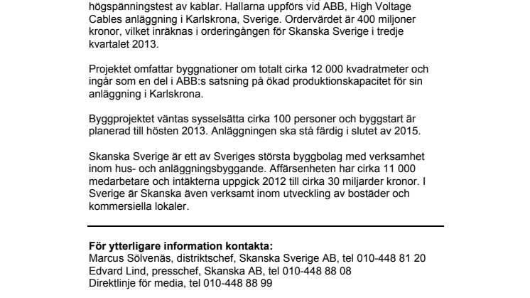 Skanska bygger världens största provanläggning för kablar åt ABB i Karlskrona för 400 miljoner kronor