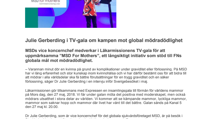 Julie Gerberding i TV-gala om kampen mot global mödradödlighet