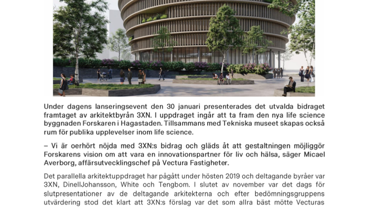 Vectura Fastigheter väljer arkitektbyrån 3XN för Forskaren och inleder samarbete med Tekniska museet