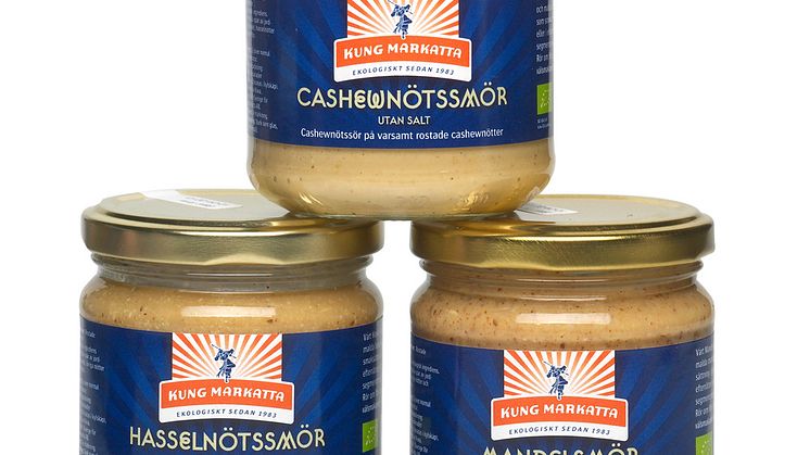 Ekologiskt mandelsmör, hasselnötssmör och cashewnötssmör från Kung Markatta