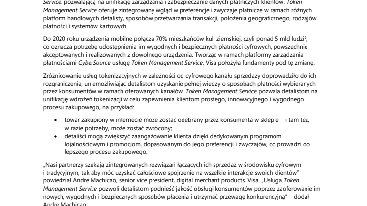 Visa udostępnia swoim klientom instytucjonalnym z całego świata usługę CyberSource Token Management Service