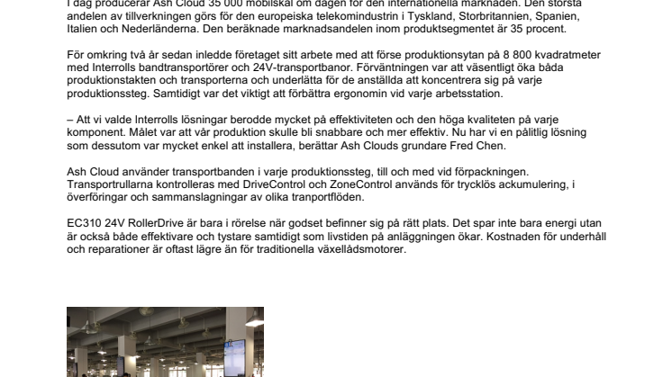 ​Kinesiska Ash Cloud ökar produktionen med 35 procent tack vare Interrolls 24V-teknik